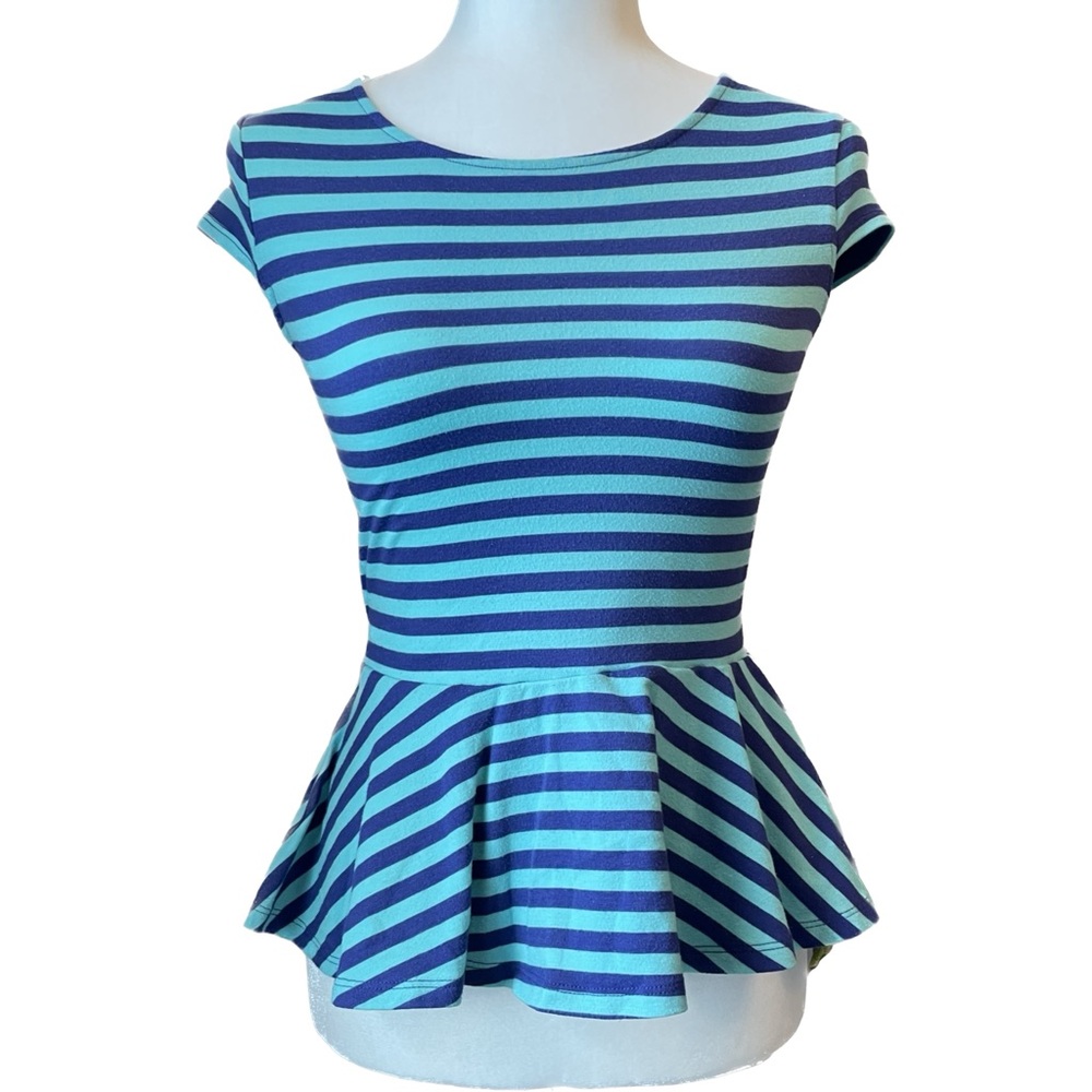 Women’s Mossimo Striped Peplum Top Size XS Blue Teal Slim Fit Cap Sleeves